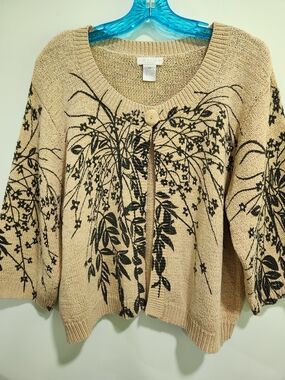 Tweeds Beige Cardigan with Black Botanical Print